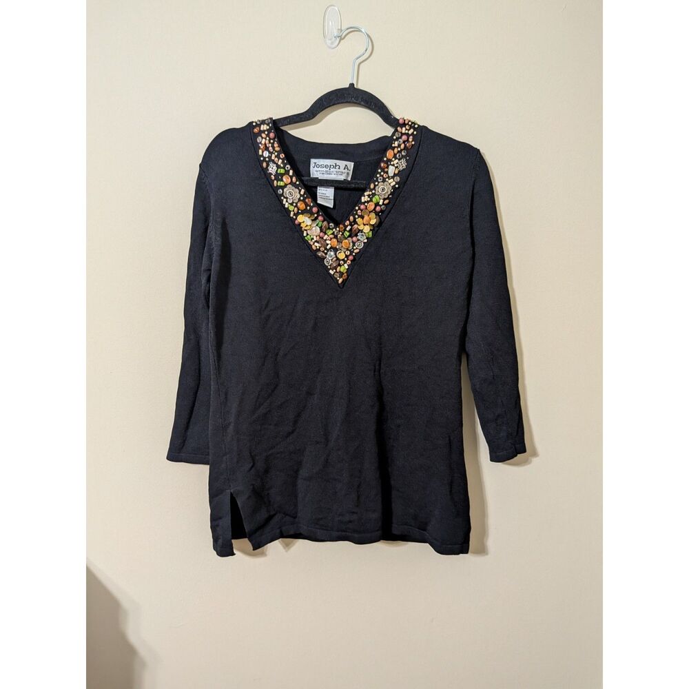 Joseph A Women's Earthy Black Sz L Embellished Beaded V-Neck 3/4 Sleeve
